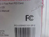CompUSA retail packaging back showing FCC mark, part number PCI-USBNEC101-5P-2, and package contents listing