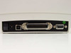 Zebra LP2844 rear panel – USB Type-B port, Centronics parallel port, and DB9 9-pin serial port with green asset tag