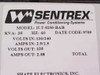 Wiremold Sentrex ILT-0250-BAB rating plate closeup showing model number, 0.25 KVA, 60 Hz, 120/240V input, 2.9/1.5A input, 120V 2.08A output, date code 9709, Shape Electronics Inc.