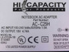 Hi Capacity AC-C25H label close-up — AC input 100-240V 1.5A, DC output 19V 4.74A, model LE-0112A-19, UL/CE certified, 90W