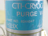 CTI-Cryogenics 8044047 purge valve — label close-up showing Part No. 8044047 and Helix product line designation