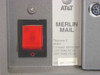 AT&T Merlin Mail MM04 — rear label close-up showing Release 2, model MM04, Comcode 406467902, 115V/230V 50/60Hz power ratings, and power rocker switch