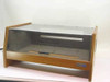 Ring King 79401 Quiet Print sound enclosure – front open view showing oak wood frame and smoked acrylic front panel lifted, interior tray visible