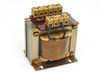Hirao Denki 72VA transformer rear-left view showing laminated core, copper winding, and terminal block wiring