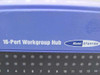 Linksys EFAH16W close-up of top label reading '16-Port Workgroup Hub' and 'Model EFAH16W' on blue plastic housing