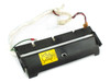 Ceramic heating element assembly front view showing black housing with yellow caution label and attached wiring harness with multi-pin connectors