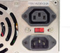 Hipro HP-150PP3 rear panel close-up – IEC C13 AC input (top), red rocker power switch, IEC C14 AC output connector (bottom), labeled 115V 1A / 230V 0.5A