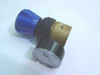 GO Regulator PR-2 pressure reducing regulator — angled side view showing brass body, blue knob, outlet port, and gauge