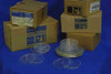 Pyrex Corning lab glassware lot — five Corning-branded boxes stacked with glass petri dishes and watch glasses displayed in front on blue background
