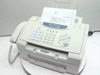 Brother IntelliFAX 2600 plain paper laser fax machine – full front three-quarter view with handset and document feeder loaded with paper