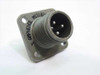 Amphenol MS3102A10SL-3P cylindrical connector – angled front view showing 3-pin male insert and square flange with four mounting holes