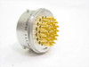 Deutsch 46099-18-32 32-pin circular connector — front face showing gold pin contacts arrayed in brown phenolic insulator, aluminum shell, with partial label markings visible