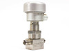 Nupro SS-4BK-91NC bellows valve — rear-left angle view showing Nupro brand logo arrow and pneumatic actuator dome