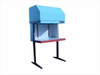 Micro Air MAA-40 ventilated workstation full front view — blue steel hood on black stand legs with open worksurface and red trim edge
