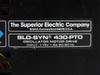 Superior Electric Slo-Syn 430-PTO model label closeup – reads 'SLO-SYN 430-PTO Oscillator Motor Drive, Input: 115V 1.5A 50/60Hz, The Superior Electric Company, Bristol CT USA'