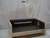Ring King 7510X Quiet Print enclosure — front three-quarter view with smoked acrylic lid open, showing foam-lined interior, paper guide rail across back, and side-mounted cooling fan