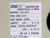 ONEAC CP1107 Line Conditioner — close-up of rating label: Model CP1107, P/N 006-213, S/N 9638-6208, Input 120V 6.7A, Max Output 120V 6.25A, 60Hz 1 Phase