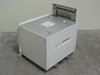 HP C3763A 2000-Sheet LaserJet Input Tray Stand – front-left three-quarter view showing top tray mechanism open with paper guides visible and unit on casters