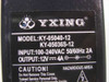 YXING KY-05040-12 rating label closeup showing model number, KY-05036S-12, input 100-240VAC 50/60Hz 2A, output 12V 4A