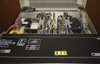 Barco Data 800 internal electronics bay open showing multiple circuit boards, yellow and red wiring harnesses, and GCB unit label on front panel