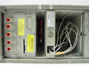 HP 3497A interior top-down view showing installed 44428A 16-Channel Actuator Output Card with white relay wiring harness, front input binding posts, and METRIC sticker on mainframe chassis
