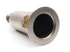 Aluminum in-line vacuum filter housing — angled view into the 75mm lower KF flange bore showing the open filter cavity interior, with orange label residue and corrosion patches visible on the body