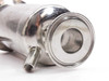 Close-up of top tri-clamp port opening on stainless steel filter housing showing inner bore and threaded lower side port