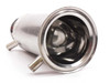 Top-down angled view into the open upper port of the stainless steel filter housing showing interior cavity and side port