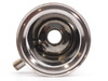Top-down view of the tri-clamp base flange of the stainless steel in-line filter housing showing center bore and side port stub