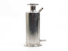 Unbranded stainless steel in-line filter housing — three-quarter front view showing cylindrical body, tri-clamp base flange, top port, and angled side port