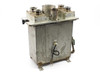 Aluminum vacuum fluid chamber showing rear panel, electrical lead, and side sight-glass valve assembly — rear-left 3/4 view