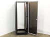 Industrial rackmount enclosure cabinet – wide front view with glass door fully open, showing dual adjustable vertical rack rails and open interior