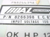 Roal Electronics 8266398 label closeup showing part number PN 8266398, E.C. 82, Input Voltage 100, and HP compatibility marking