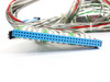 Jeol BP100644-01 — close-up of blue multi-pin card-edge connector with bundled multi-conductor cable harness attached