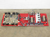 Volkmann AD-1 adjustable frequency drive board panel 20001BBG1M1021 – full overhead view of red metal panel showing drive board, relay section, and potentiometer section