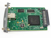 HP Jetdirect 620n J7934G EIO print server card — top/component side showing green PCB, NXP main controller IC, RJ-45 port, and EIO edge connector