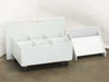Plastic 6-section acid mix bath with lid open revealing six individual compartments – caster wheels visible