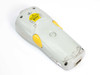 Symbol PDT6100 handheld terminal rear view showing yellow battery latch, scan window, and label area