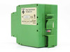ATMI 9660-0110 Relay Output Module – angled left-side view showing green DIN rail housing and label with part number, serial number SN 04852, and SW ROC_V2.01