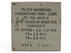 Chesapeake Inst. Corp 4547-4 bandpass filter — close-up of label showing PT. NO. 4547-4, FR4PX22YY, and frequency specs