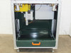 Custom corner trimmer front view with catch drawer extended – green steel scrap drawer with orange handle pulled out