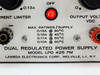 Lambda LPD 425 FM — front panel label closeup showing MAX RATINGS/SUPPLY (0.13A @ 30°C, 0.12A @ 40°C, 0.11A @ 50°C, 0.10A @ 60°C), red power indicator lamp, OUTPUT VOLTAGE VDC binding posts, and 'DUAL REGULATED POWER SUPPLY MODEL LPD 425 FM — LAMBDA ELECTRONICS CORP., MELVILLE, L.I., N.Y.' nameplate