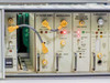 Scientific Atlanta 7550B plug-in module section showing IF Filter-Amplifier, Modulator, Video Baseband Processor, and Subcarrier modules with gold SMA connectors and LED indicators