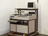 Pacific Western Systems P5NMS PWS 23 semi-automatic wafer inspection prober full system view with Dell CRT monitor mounted on top shelf and signal tower