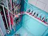 Interior wiring detail of Thermotron Console controller showing terminal strips and multi-conductor wiring harness routing