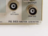 Tektronix FG 503 Function Generator – close-up of lower front panel showing secondary output labeled 2.5V into 600 Ohms, main output labeled FROM 50 Ohms, and FG 503 Function Generator nameplate