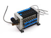 Festo pneumatic solenoid valve manifold assembly front-right view showing blue push-in fittings and mounted valve bodies