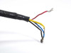 Close-up of HBM SP4EC3 load cell cable end showing four exposed conductors — black, red, yellow, and blue — with damaged wire jacket