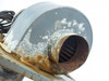 LeAnCo G6-36-R14 squirrel cage ventilating exhauster close-up — discharge outlet showing blower wheel fins, heavy surface rust and paint loss on housing