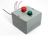 Wiegmann SC060604WW steel pull box — angled front/side view showing red E-stop and green indicator on top panel, multiple knockout holes on sides, with wiring leads